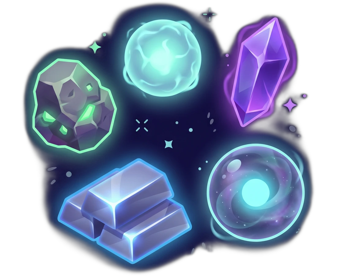 Floating resource objects: crystal, energy bolt, metal plate and cosmic core
