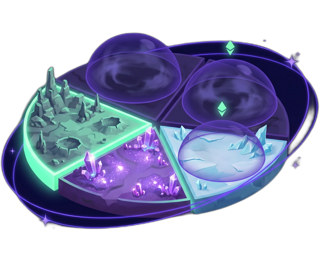 Planet map divided into unlocked glowing zones and locked fogged regions