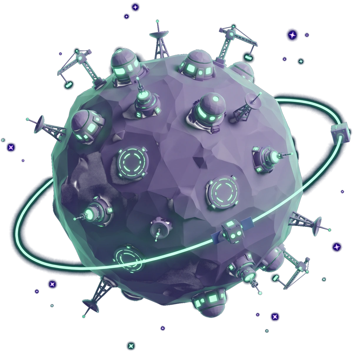 Glowing planet with construction bases and orbiting satellite